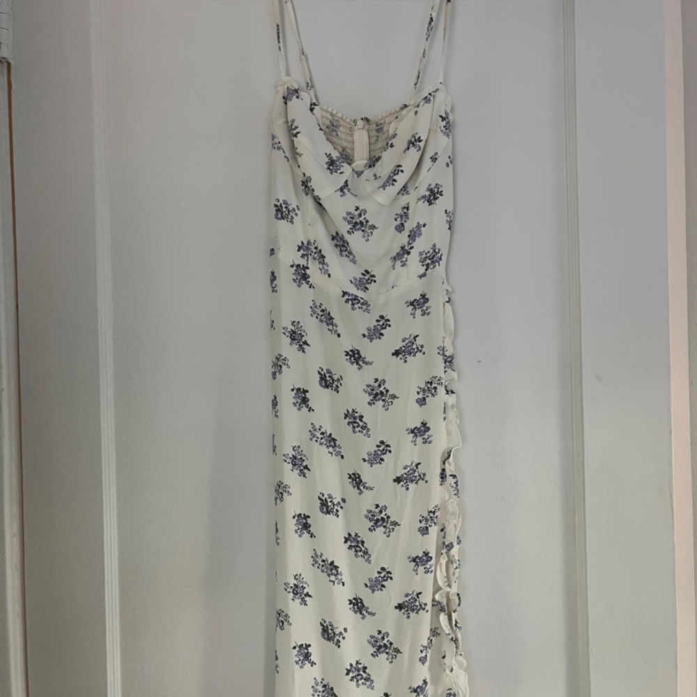 Reformation Cream Midi Dress with Blue Floral Print - Picture 6 of 8